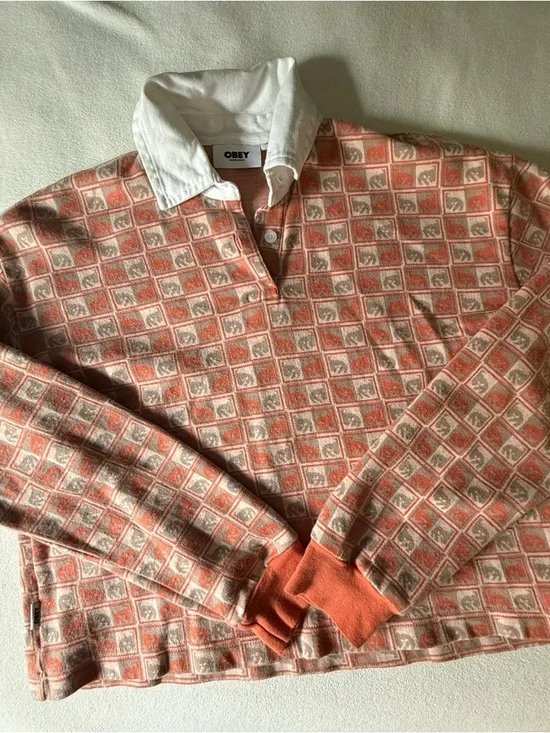 Obey Andre the Giant Orange Patterned Crop Rugby Shirt Rare - Picture 6 of 6